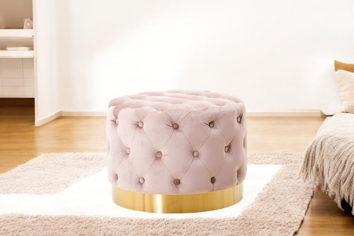 Isabelle Velvet Stool. Velvet Stool. Button-Tufted Stool. Matte Gold Base Stool. Luxury Seating. Vanity Stool. Accent Stool. Elegant Velvet Furniture. Plush Upholstered Stool. Pink Velvet Stool. Beige Velvet Stool. Grey Velvet Stool. Contemporary Stool. Chic Home Decor. Sophisticated Interiors. Modern Stool Design. Glamorous Furniture. Compact Seating. Stylish Accent Piece. Velvet Vanity Chair.